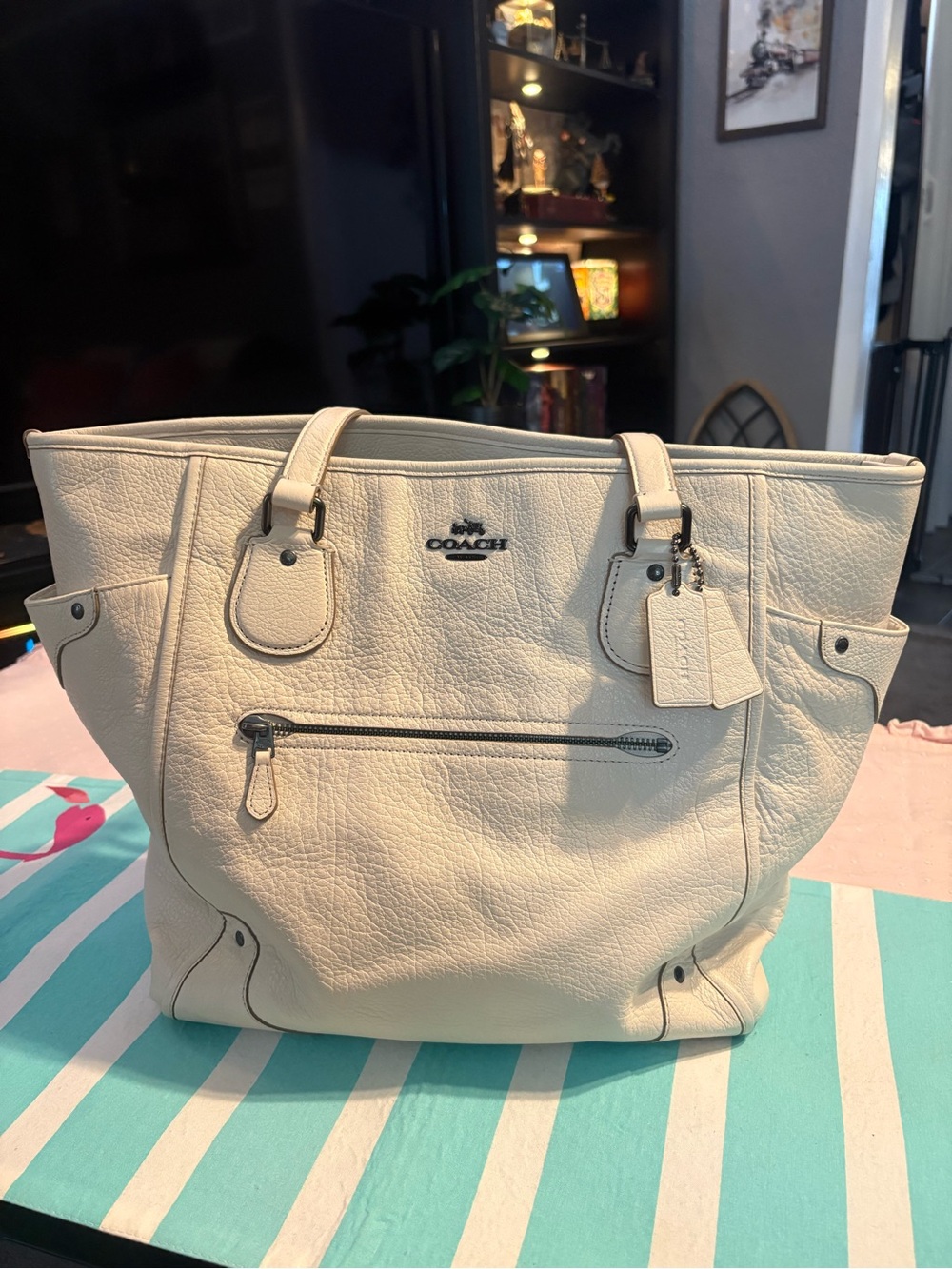 COACH Cream Pebbled Leather Mickey Tote with Front Zip Pocket